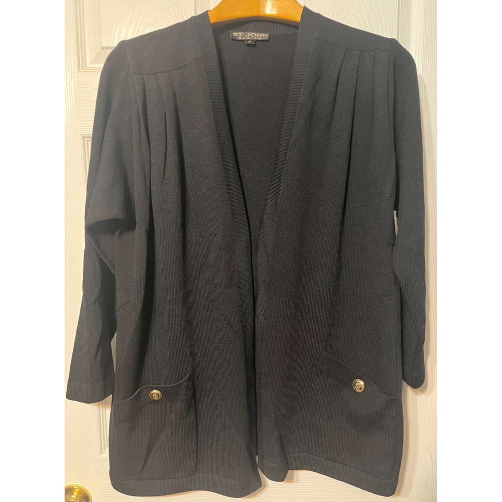 St. John Basics Black Santana Knit Open Front Cardigan Gold Crest Buttons M READ